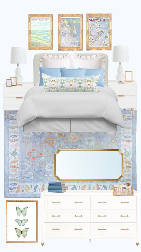 carly room inspo Grand Millenial Bedrooms, Bedroom Inspo Blue, Blue Room Decor Ideas, Room Inspo Blue, Blue And White Bedroom Aesthetic, Grand Millennial Bedroom, College Bedroom, College Dorm Room Decor, College Apartment Decor