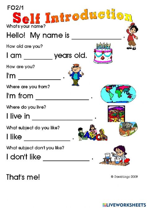 Introducing Yourself, Materi Bahasa Inggris, All About Me Worksheet, English Exercises, Learning English For Kids, Introduce Yourself, English Worksheets For Kids, Kids English, English Lessons For Kids