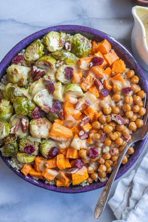 These Roasted Brussels Sprout Bowls with Creamy Honey Mustard are hearty, cozy and filling!  They're packed with veggies and protein and perfect for dinner or a healthy meal prep lunch.  Serve with quinoa, or another grain of choice, and top with crispy toasted pecans and dried cranberries. #buddahbowlrecipe #veganfood #vegetarian #mealprep #healthydinner Healthy Meal Prep Lunch, Chicken Brussel Sprouts, Creamy Honey Mustard, Sprouting Sweet Potatoes, Creamy Honey, Meal Prep Lunch, Prep Lunch, Shredded Brussel Sprouts, Healthy Lunch Meal Prep