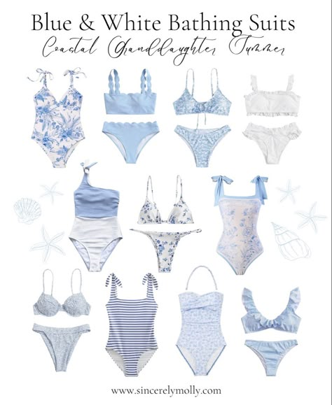 Coastal Grandma Bathing Suits, Costal Granddaughter Bathing Suits, Grandmillennial Style Clothing, Coastal Grandmother Bathing Suit, Coastal Grandmother Aesthetic Bikinis, Coastal Grandmother Swimsuit, Blue And White Bathing Suit, Coastal Bathing Suits, Coastal Granddaughter Bathing Suit