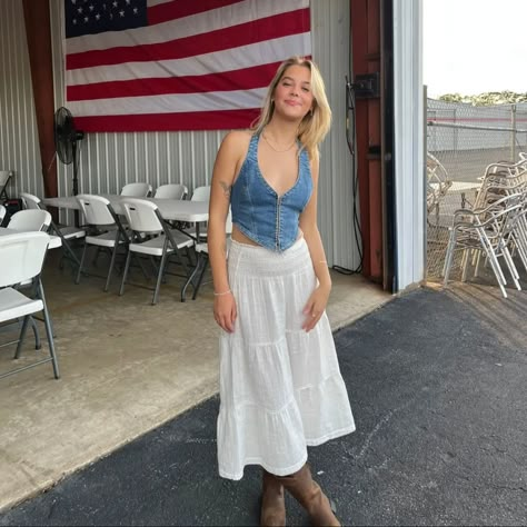 Folk Country Outfit, Cottage Cowgirl Outfits, Indie Cowgirl Outfits, Country Outfit Skirt, White Skirt Country Outfit, Country Concert Outfit Aesthetic, Coastal Cowgirl Concert Outfit, Noah Kahan Concert Outfit Ideas Summer, Lizzy Mcalpine Concert Outfit Ideas