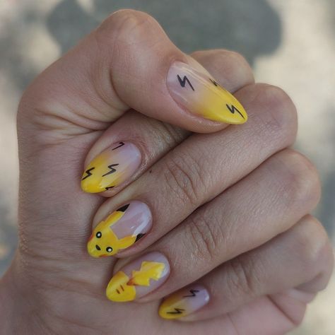 Pikachu nail art Pikachu Nails Pokemon, Pokemon Nails Designs, Pikachu Nail Art, Pokeball Nails, Pikachu Makeup, Pokemon Nail Art, Pikachu Nails, Pokemon Nails, Graffiti Nails