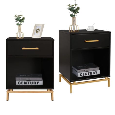 PRICES MAY VARY. 🌃Enough Storage: Comes with one drawer and one open shelf, this wood nightstand is practical and versatile, offering enough space to store your bedside essentials like lamp, alarm clock, glasses, phone, magazines, etc in the living room, bedroom. 🌃Solid & Stable Structure: This bedside table is made from well-selected material and strong metal legs, which is durable and will not deform during a long-term use. And the simple design in black can perfectly match any furnishing style. 🌃Specifications: The overall dimensions of the bedside table is 18.9" W x 15.75" D x 25" H. Drawer dimensions: 15.75" W x 11.4" D x 3.94" H; Shelf dimensions: 17.7" W x 15.2" D x 12.4" H. The load capacity of the nightstand is 60lbs. 🌃Easy Assembly: All parts and accessories kit are included Dark Bedside Table, Black Metal Bedside Table, Black Night Stand, Dark Bedside Tables, Side Table For Bedroom, Shelf Bedside Table, Mid Century Modern Black, Modern Nightstands, Side Tables For Bedroom