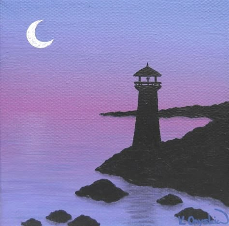 Lighthouse at Dusk Original Acrylic Art - small... - Folksy Beach Small Canvas Painting, Lighthouse Silhouette Painting, Simple Silhouette Painting, Lighthouse Painting Ideas, Painting Ideas Sunset Easy, Kanvas Lukis Simple, Lighthouse Painting Easy, Little Canvas Paintings Simple, Pretty Paintings Easy