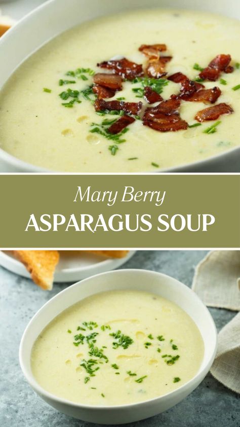 Mary Berry Asparagus Soup Recipe Soup With Asparagus, Asparagus Soup Recipe, Sparragus Recipe Soup, Easy Asparagus Soup, Mary Berry Recipes, Cream Of Asparagus And Mushroom Soup, Asparagus Recipes, Vegan Asparagus Soup, Asparagus Bisque Soup