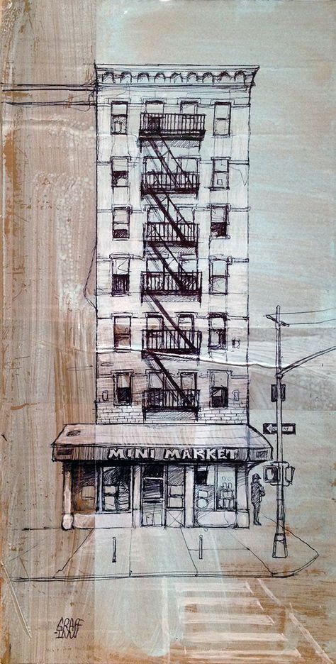 Easy Pencil Art, Storefront Art, Nyc Drawing, Urban Drawing, Cityscape Drawing, City Sketch, Building Sketch, Mini Market, Building Drawing