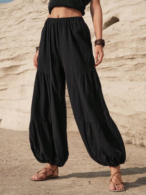 SHEIN BohoFeels Women's Summer Vacation Style Long PantsI discovered amazing products on SHEIN.com, come check them out! Genie Pants Outfit, Black Harem Pants Outfit, Hippie Pants Outfit, Harem Pants Outfit, Summer Vacation Style, Black Hippy, Black Harem Pants, Boho Summer Outfits, Harem Pants Women