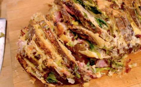 Baking legend Richard Bertinet's Pain Surprise is the ultimate party food! Bread, cheese, bacon, leeks, baked together! Layers and layers of happiness! Richard Bertinet, Saturday Kitchen Recipes, James Martin Recipes, Morning Recipes, Baked Sandwiches, Bread Cheese, Recipes Bread, James Martin, Savoury Baking