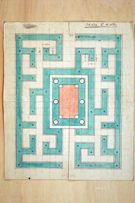 Designer Paul Rodocanachi's 1926 maze-garden plan for Villa Foscari (aka La Malcontenta), the stunning Palladian farm house that was owned by his lover Alberto Landsberg. The maze, which exists today, was made of low-growing perennial plants rather than tall hedges. Labyrinth Garden Design, Maze Garden Design, Maze Garden, Acnh Hedge Maze, Garden Maze Design, Garden Maze, Garden Labyrinth Design, Flower Maze Garden, Small Garden Labyrinth