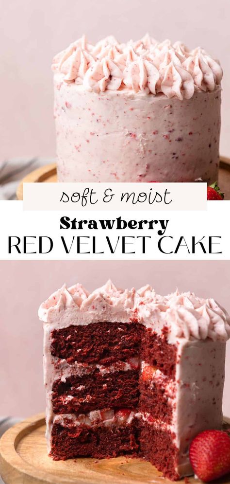 This strawberry red velvet cake has an ultra-moist and velvety texture! It has tangy strawberry cream cheese frosting and is filled with real chopped strawberries. It's a pretty pink cake that is perfect served for Valentine's Day, at birthday parties, or at any special event. Strawberry Red Velvet Cupcakes, Red Velvet Cake Strawberries, Red Velvet Cake Pink Frosting, Valentine’s Day Cake Recipes, Strawberry Velvet Cake Recipe, Fancy Strawberry Cake, Valentines Cake Flavors, Strawberry Red Velvet Cake, Red Velvet Strawberry Cake