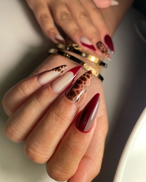 swipe & it just keeps getting better🤤🐆🍒🤎 . Service- Gel extensions . . Femme nails (Nail art, gel, extensions, acrylic, nails, BIAB, overlays, Russian manicure, red nails, Leopard print, cheetah print, trending, Mumbai) Cherry Oval Nails, Red Leapord Print Nail, Tortoise And Burgundy Nails, Chetta Nails Almond, Burgundy Cheetah Print Nails, Maroon And Tortoise Nails, Red Gold Nails Ideas, Red Brown Nails Design, Red November Nails