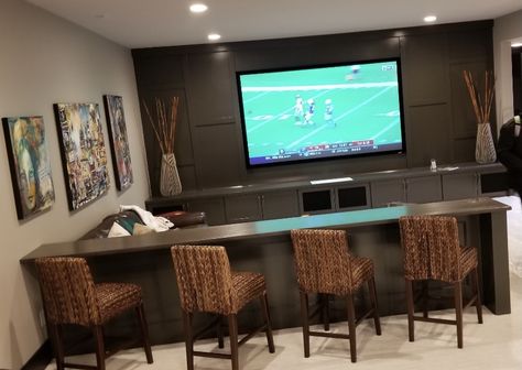 Open Finished Basement, Extra Room In Basement Ideas, Basement For Hosting, Multi Purpose Basement, Basement Room Divider, Hockey Basement, Ikea Basement, Theatre Room Seating, Family Cave