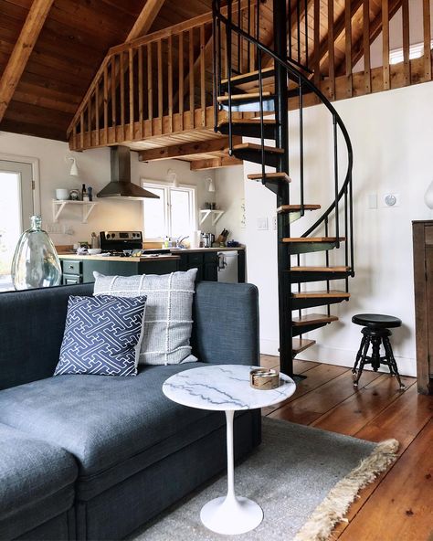 Spiral Staircase Living Room, Modern Lake House Living Room, Mountain Apartment, Attic Inspiration, Modern Lake House, Spiral Staircase, Mountain Home, Mountain House, Vaulted Ceiling