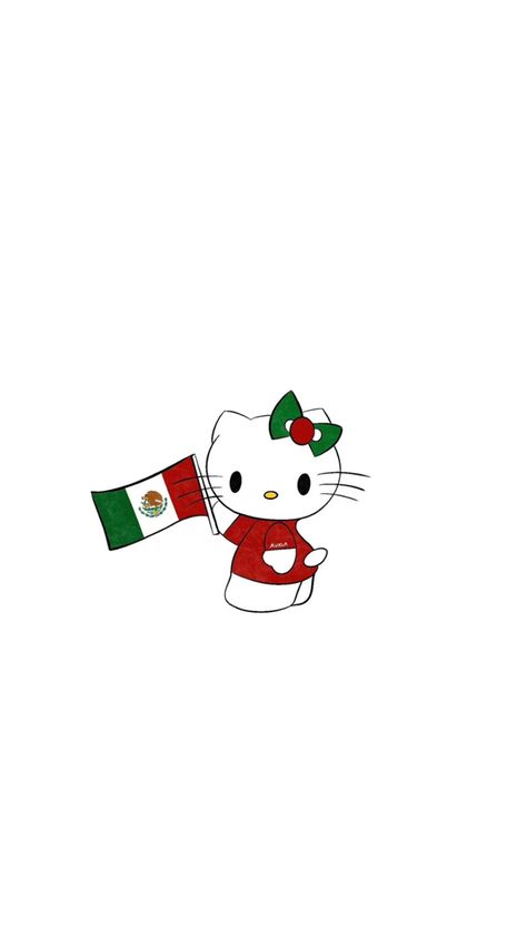 Hello Kitty holding the flag of Mexico in a red outfit with a green & red bow on her head Hello Kitty Mexican, Mexican Hello Kitty, Mexican Wallpaper Aesthetic, Wallpaper Mexican, Hello Kitty N Friends, Wallpaper For My Phone, Mexico Wallpaper, Tiktok Pfp, Pink Wallpaper Hello Kitty