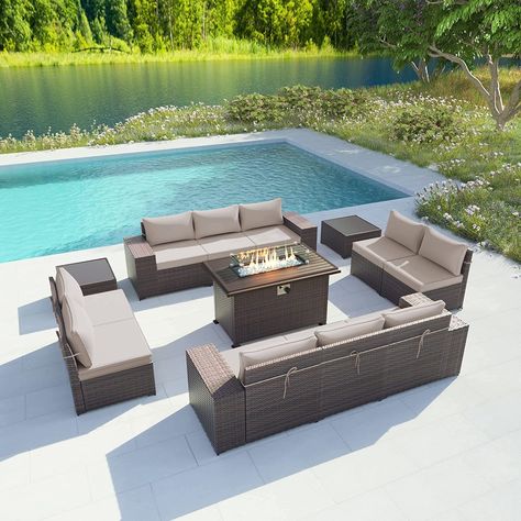 All Weather Deck Wicker Conversation Set with 43" Fire Pit Table has 10 Sofa Seats, 2 Coffee Tables and 4" Cushion. Gotland is a leading outdoor furniture and fire pit manufacturer with 36 years of experience. We insist on using good materials, making good products, creating ideal life for consumers, never stop upgrading our products, never stop being responsible for consumers, and pursuing an ideal outdoor life attitude. 2 Coffee Tables, Sectional Patio Furniture, Wicker Patio Furniture Set, Outdoor Furniture Set, Luxury Outdoor Furniture, Gas Fire Pit Table, Outdoor Patio Furniture Sets, Propane Fire Pit, Patio Furniture Set