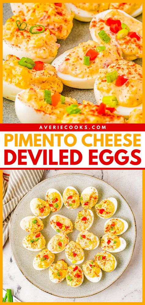 Pimento Cheese Deviled Eggs - Averie Cooks Pimento Cheese Deviled Eggs, Corn Jalapeno, Grilled Mexican Street Corn, The Best Deviled Eggs, Best Deviled Eggs, New Years Eve Food, Mexican Street Corn, Superbowl Party Food, Pimento Cheese