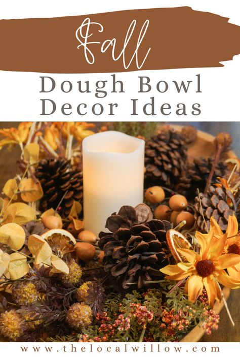 Have a dough bowl that you’re unsure how to decorate? Look no further! #fall #falldecor #fallcenterpiece #doughbowl #autumn #decor #decorationideas #diningroomdecor #tabledecor #tabledecorations Wooden Bowl Fall Decor Ideas, Wood Bowl Fall Decor, Doughbowl Centerpiece Fall, Autumn Dough Bowl Decor, Dough Bowl Fall Decor Ideas, Bread Bowl Decor Centerpieces Fall, Wooden Bowl Decor Ideas Rustic, Fall Bread Bowl Decorations, How To Decorate A Dough Bowl For Fall