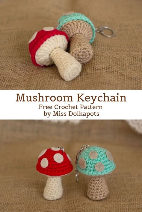 A free crochet pattern of a mushroom keychain. Do you also want to crochet this mushroom? Read more about the Free Crochet Pattern Mushroom Keychain. Crochet Mushroom Keychain, Mushroom Keychain, Keychain Amigurumi, Confection Au Crochet, Crochet Mushroom, Crochet Keychain Pattern, Pola Amigurumi, Crochet Simple, Crochet Amigurumi Free