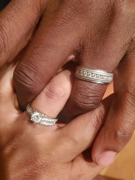 Husband & Wife Wedding rings! Wedding Ring Husband And Wife, Wedding Rings Husband And Wife, Wedding Rings Husband, Short Hair Twist Styles, Beautiful Marriage, Interracial Marriage, Marriage Ring, Civil Wedding Dresses, Couple Goal