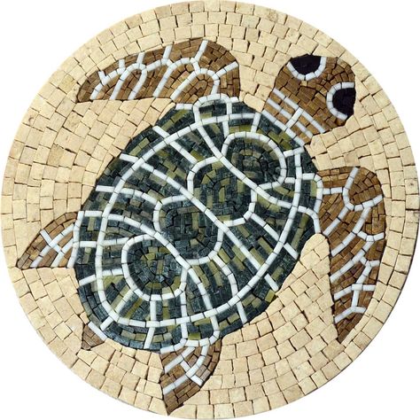 Medallion Marble Art - Green Turtle Mosaic | Mozaico Persian Ceramics, Free Mosaic Patterns, Easy Mosaic, Mosaic Rocks, Mosaic Stepping Stones, Mosaic Vase, Pool Art, Mosaic Animals, Mosaic Garden Art