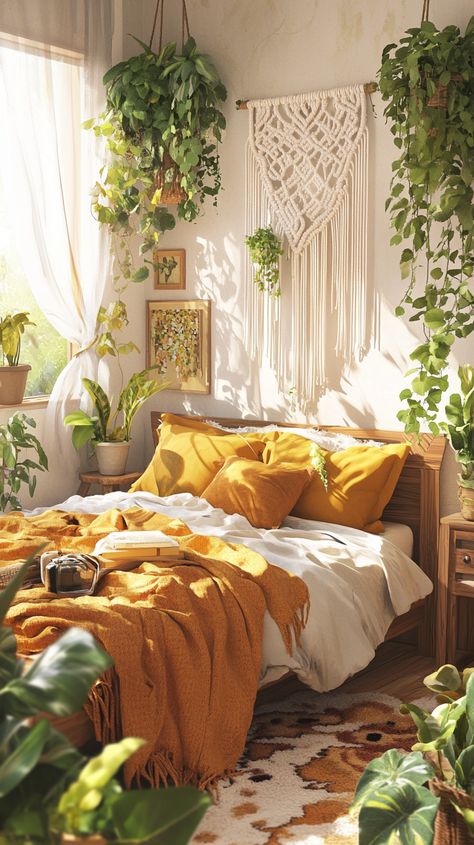 Transform your bedroom into a tropical paradise with macramé wall hangings, hanging plants, and textured earthy décor. #BohoStyle #NatureInspired #TropicalVibes #BohoDecor #EarthyInteriors 🌴 Jungle Bedroom Ideas, Boho Jungle Bedroom, Bedroom Ideas Earthy, Bedroom Decor Black, Bedroom Moody, Jungle Bedroom, Bedroom Inspirations Minimalist, Fall Bedroom Decor, Earthy Decor