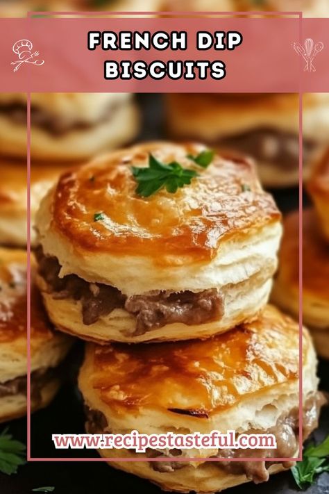 Enjoy the delicious flavors of a classic French dip sandwich wrapped in buttery biscuits. These French Dip Biscuits are easy to prepare and perfect for a quick and satisfying meal that will please the whole family. French Bread Appetizers, Biscuit Sandwich, French Dip Sandwich, Flaky Biscuits, Biscuit Bake, Buttery Biscuits, Biscuits Recipe, French Dip, Bread Appetizers