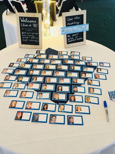 welcome name tag table with senior pictures. come up with a creative hashtag for the night. 50th Class Reunion Ideas Name Tags, Class Reunion Name Tags, Name Tag Table, Class Reunion Ideas, Reunion Name Tags, 50th Class Reunion, Class Reunion Planning, 50th Class Reunion Ideas, Ideas Name