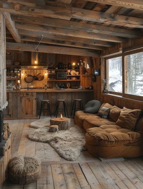 Wooden Chalet Interior, Primitive Cabin Interior, Nordic Chalet Interior, Small Rustic House Interior, Homestead House Interior, Log Cabin Homes Interior Rustic, Small Barn Conversion Interiors, Cabin Theme Living Room, Cozy Tiny House Interior