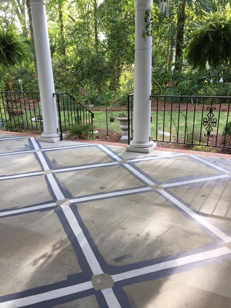 Painted Cement Patio, Painted Cement Floors, Stenciled Concrete Floor, Old Porch, Painted Porch Floors, Paint Concrete Patio, Floor Concrete, Stencil Concrete, Concrete Paint