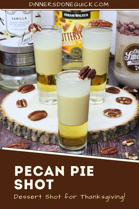 Serve up this sweet and festive Pecan Pie Shot at your Thanksgiving or holiday parties! Made with vanilla vodka, Ole Smoky butter pecan moonshine, and butterscotch schnapps, this layered shot captures the flavors of a classic pecan pie. It's the perfect dessert shot to impress your guests and toast the holiday season. Easy to prepare and even easier to enjoy, this is a must-have addition to your holiday drink lineup! #PecanPieShot #ThanksgivingCocktails #HolidayShots #DessertShots #FallCocktails Pecan Vodka Recipes, Pecan Pie Shots, Alcohol Desserts Easy, Butter Pecan Cocktail, Alcohol Thanksgiving Drinks, Sweet Shots Alcohol, Thanksgiving Shots Recipes, Thanksgiving Liquor Drinks, Boozy Thanksgiving Drinks