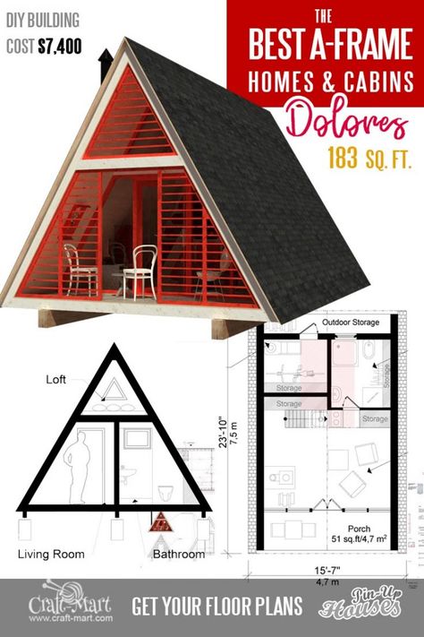 Affordable professional plans for A-frame house - Dolores (the most popular cabin model in 2019-2020. Take a look at other inexpensive and easy-to-build A-frame house plans. Read about cons and pros of A-frame cabins and small homes. Small A Frame Cabin, Frame House Plans, Step Building, A Frame Cabin Plans, Casa Hobbit, A Frame Cabins, Cabin Floor, A Frame House Plans, Cabin Floor Plans