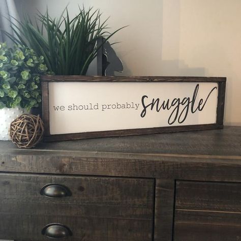 Who doesnt love to snuggle? Right?!? Hang this sign to encourage great snuggling 😊💜 *** Free shipping in the continental U.S. *** White background with dark charcoal lettering and a dark stained frame (message me to change any of these features). *** Finished dimensions are approx. 25.5 x 7.5 x 1.5 Motivational Clothing, Handsome Husband, Dream Bigger, Fav Products, Laser Projects, Products Photography, House Signs, Farmhouse House, Decor Signs