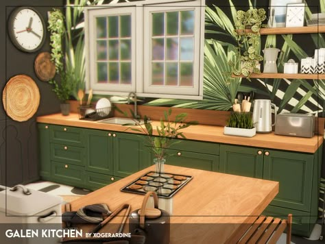 Sims 4 Kitchen Apartment, Sims 4 Cc Cottagecore Kitchen, Boho Kitchen Sims 4, Sims 4 Boho Kitchen Cc, Sims 4 Green Kitchen, Sims 4 Vintage Kitchen Cc, Sims 4 Cc Green Furniture, The Sims 4 Cc Resource Kitchen, Sims 4 Cc Farmhouse Kitchen