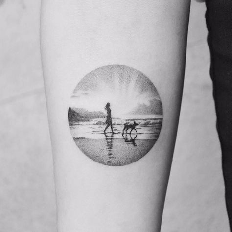 Sunsets on the Beach by Amanda Piejak #AmandaPiejak #blackandgrey #dotwork #small #landscape #beach #ocean #dog #clouds #sky #lady #sunset #light #mountains #nature #tattoooftheday Sunset Tattoos, Tattoo Dotwork, Circle Tattoos, Landscape Tattoo, Cat Tattoos, Beach Tattoo, Disney Tattoo, Tiny Tattoo, Memorial Tattoo