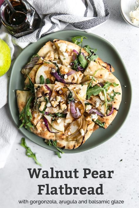 Walnut Pear Flatbread is a gourmet pizza recipe that’s super easy and delicious! This vegetarian flatbread can be made in just 20 minutes and is perfect for a Meatless Monday dinner, snack, party appetizer and more. It’s so simple to make with caramelized onions, gorgonzola and finished with balsamic glaze. Gluten free friendly and could be dairy free with a nondairy cheese. #flatbread #pears #recipe #healthy Pear Flatbread, Vegetarian Flatbread, Pizza Naan, Pear Pizza, Healthy Flatbread, Balsamic Glaze Recipes, Naan Pizza, Pear Recipes, Healthy Pizza