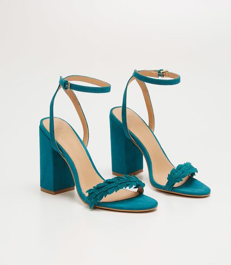 Love these Leafed Block Heel Sandals. Come in black and teal. Teal Dress Shoes, Teal High Heels, Vans Shoes Women, Teal Heels, Fur Heels, Black Strappy Heels, Block Heel Sandals, Prom Shoes, Patent Leather Heels