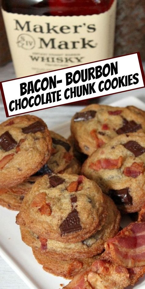 Bourbon Cookies Recipe, Whiskey Bacon, Chocolate Chunk Cookies Recipe, Chunk Cookies Recipe, Bourbon Cookies, Boozy Baking, Bourbon Chocolate, Bacon Chocolate, Bourbon Bacon