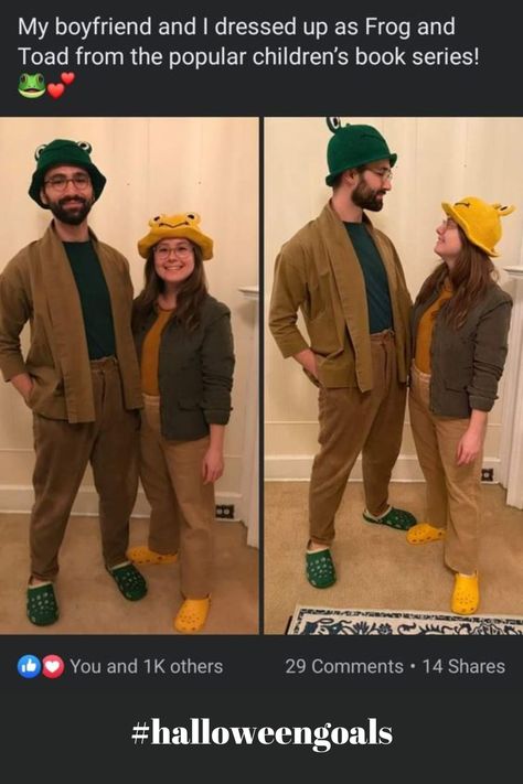 Mr Frog And Mr Toad Costume, Frog And Toad Couples Costume, Frog And Toad Cosplay, Outdoorsy Halloween Costumes, Frog And Toad Halloween Costume, Silly Couples Costumes, Couple Costume Ideas Unique Diy, Nonbinary Halloween Costumes, Queer Couples Costumes