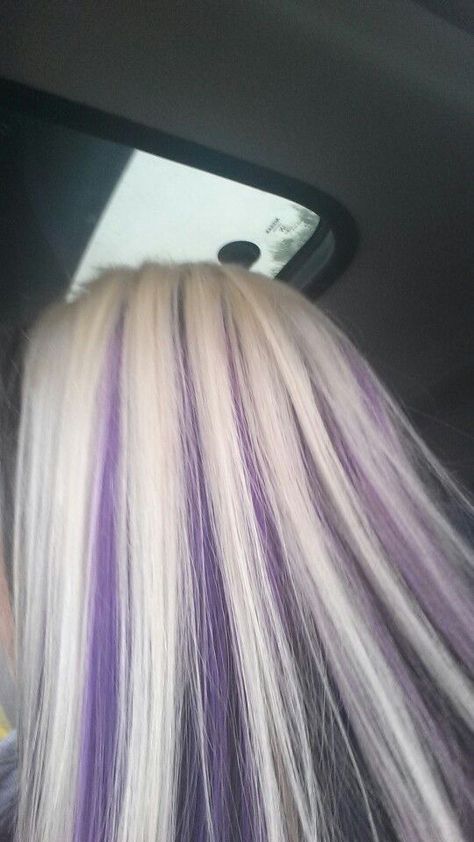 Purple Hair With White Streaks, White Hair Purple Highlights, Purple Under Blonde Hair, White Hair With Purple Highlights, Purple With Blonde Hair, Blonde Hair Purple Streaks, Blond Purple Hair, Blonde Purple Highlights, Purple Streaks In Blonde Hair