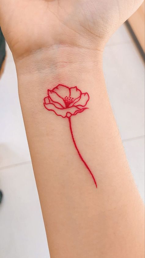 Red Flower Outline Tattoo, Red Ink Poppy Tattoo, Red Simple Tattoos, Red Black Tattoo Ideas, Red Tatooes, Red Outline Tattoo, All Red Tattoo, Red Ink Flower Tattoo, Small Red Ink Tattoo