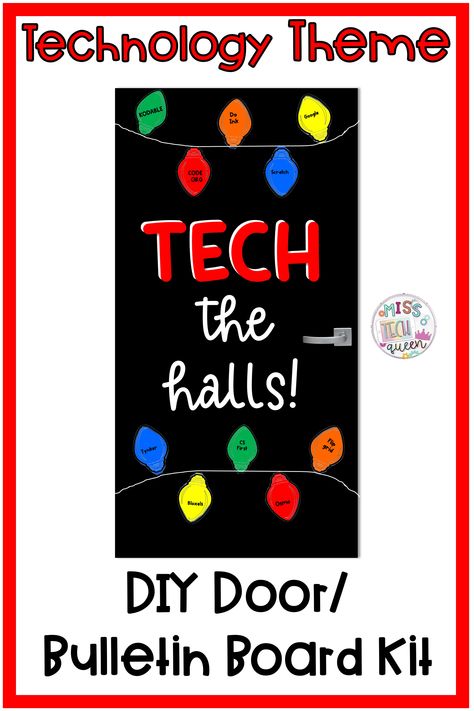 Technology Decorations Classroom, Technology Door Decorations Computer Lab, Computer Class Bulletin Boards, Tech Bulletin Board Ideas, Technology Door Decorations, Technology Classroom Door Ideas, Elementary Computer Classroom Decor, Technology Decorations Ideas, Technology Bulletin Boards Elementary