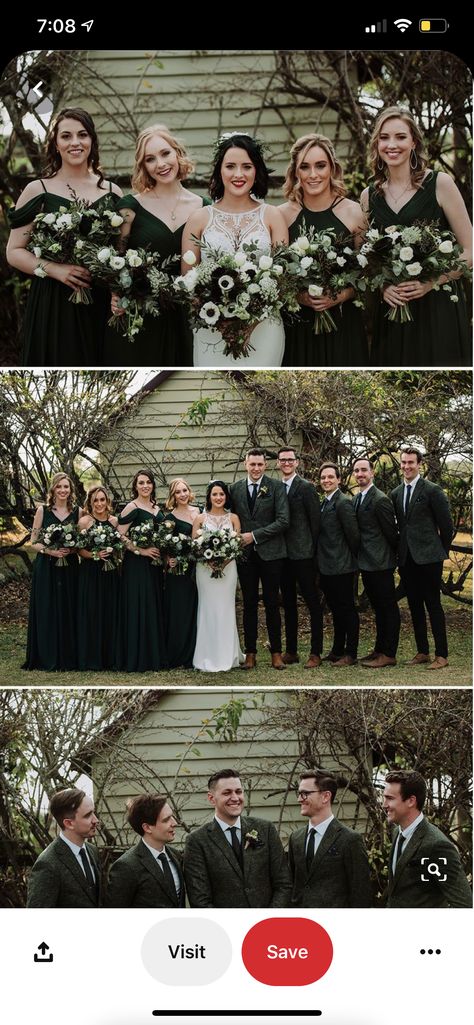 Green Groomsmen Attire Emerald, Dark Forest Green Groom Suit, Forest Green Wedding Bridal Party, Black And Dark Green Groomsmen, Forest Green Wedding Party Attire, Black Bridesmaid Dresses Green Groomsmen, Dark Green And Black Bridesmaid Dresses, Evergreen Bridal Party, Dark Green Suit Wedding Party