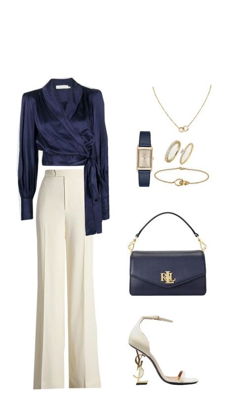 Navy Blue And Beige Aesthetic, Hannah Frank, Evil Clothes, Beige Trouser, Navy Blue Outfit, Cream Outfit, Cream Outfits, Formal Clothes, Cream Pants