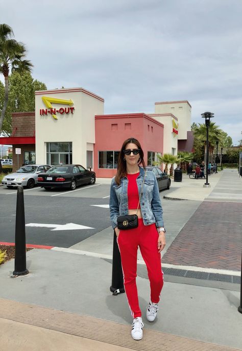 Red vibes with adidas track pants ❤️ #adidas #gucci #minibag #ootd #streetstyle Red Track Pants Outfit, Red Joggers Outfit For Women, Red Adidas Pants Outfit, Red Joggers Outfit, Red Adidas Tracksuit, Sport Pants Outfit, Red Adidas Pants, Adidas Sneakers Outfit, Adidas Pants Outfit