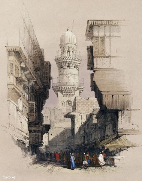 Street scene in Cairo illustration by David Roberts (1796-1864). | free image by rawpixel.com Southwest Illustration, David Roberts, Great Pyramid Of Giza, Free Illustration Images, Egypt History, Egypt Art, Islamic Paintings, Cairo Egypt, Historical Art