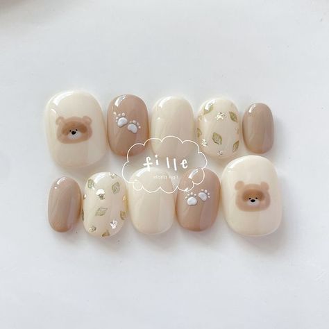 Nail Art Cute Korean, Korean Nail Inspo Cute, Cute Character Nail Art, Korean Autumn Nails, Nail Art Korean Style Cute, Korean Fall Nails, Kawaii Nail Art Korean, Milk Tea Nails, Peony Nails