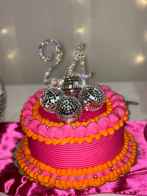 Pink And Orange Party Food, Orange And Pink Disco Party, Pink Orange Disco Party, 70s Cake Ideas, Pink And Orange Birthday Cake, Pink Disco Cake, Pink And Orange Cake, Disco Birthday Cake, 70s Birthday Party Ideas