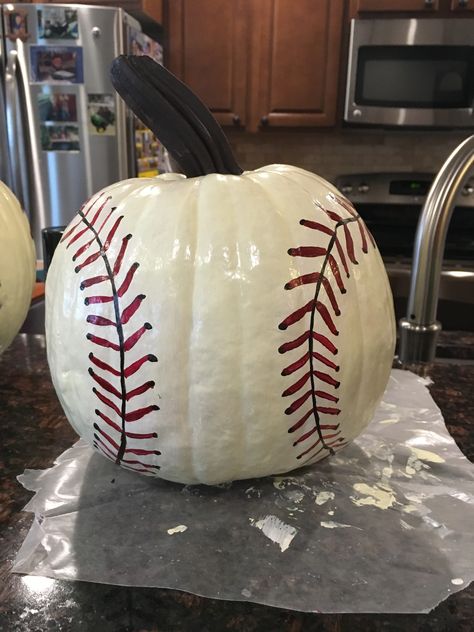 #Baseballpumpkin #paintedpumpkins Baseball Painted Pumpkins, Phillies Pumpkin Painting, Baseball Pumpkin Painting, Elvis Pumpkin Decorating, Funny Pumpkins Painting, Baseball Pumpkins Ideas, Pumpkin Painting Ideas Spiderman, Pharmacy Pumpkin, Baseball Pumpkin Carving