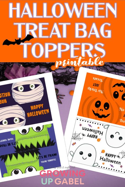 Halloween treat bag toppers on purple background Mummy Monster, Monster Printable, Halloween Treat Bags Diy, Diy Treat Bag, Monster Pumpkin, Ghost Monster, Halloween Favor Bag, Monster Ghost, Halloween Party Bags