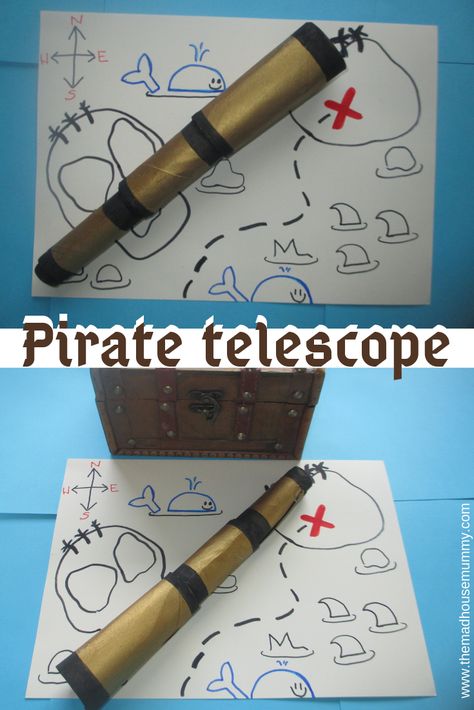 All little pirates need their very own telescope! This DIY pirate telescope is really simple and easy to make and will provide hours of fun! #craftforkids #preschool #kindergarten Pirate Telescope Craft, Pirate Crafts Preschool, Diy Pirate Costume For Kids, Telescope Craft, Pirate Telescope, Homemade Pirate Costumes, Pirate Props, Pirate Costume Kids, Diy Pirate